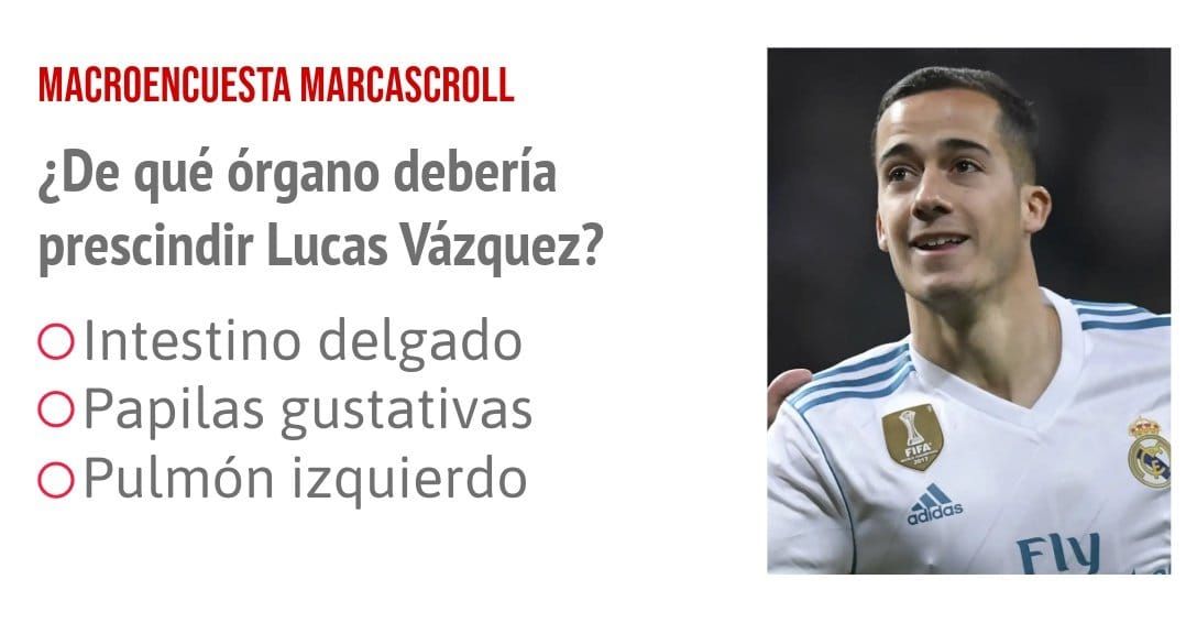 MACROENCUESTA MARCASCROLL. ¿De qué órgano debería prescindir Lucas Vázquez? Olntestino delgado OPapilas gustativas OPulmón izquierdo