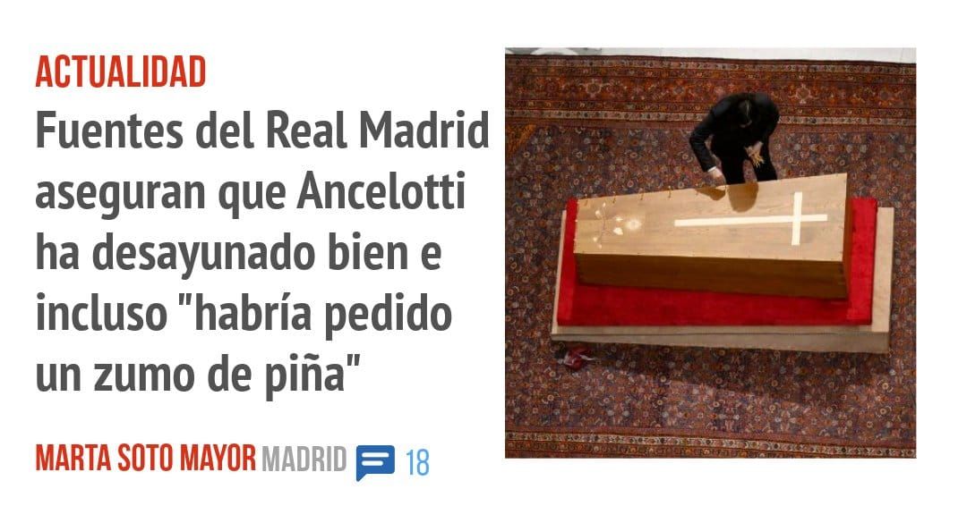 ACTUALIDAD. Fuentes del Real Madrid aseguran que Ancelotti ha desayunado bien e incluso "habría pedido un zumo de piña"