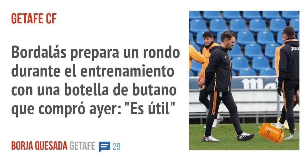 GETAFE CF. Bordalás prepara un rondo durante el entrenamiento con una botella de butano que compró ayer: "Es útil"
