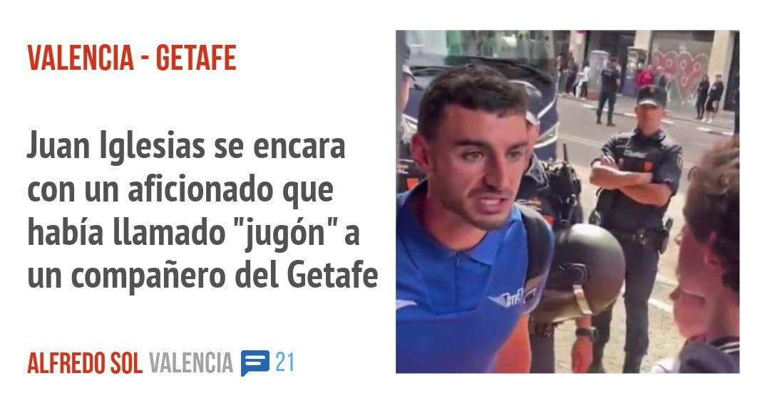 VALENCIA - GETAFE. Juan Iglesias se encara con un aficionado que había llamado "jugón" a un compañero del Getafe