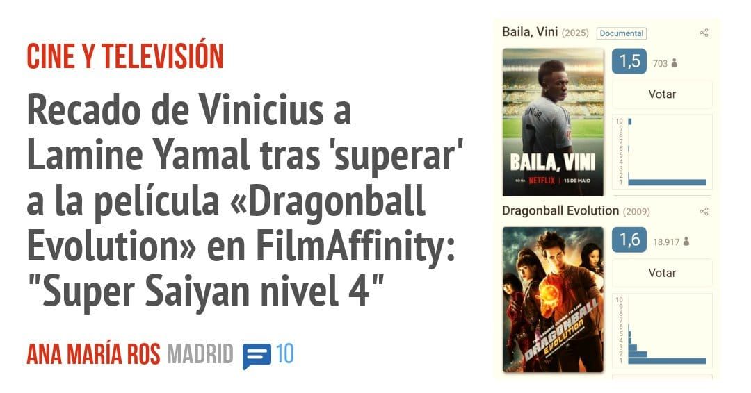 Recado de Vinicius a Lamine Yamal tras 'superar' a la película «Dragonball Evolution» en FilmAffinity: "Super Saiyan nivel 4"