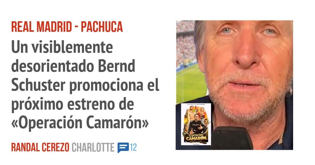 REAL MADRID - PACHUCA. Un visiblemente desorientado Bernd Schuster promociona el próximo estreno de «Operación Camarón»