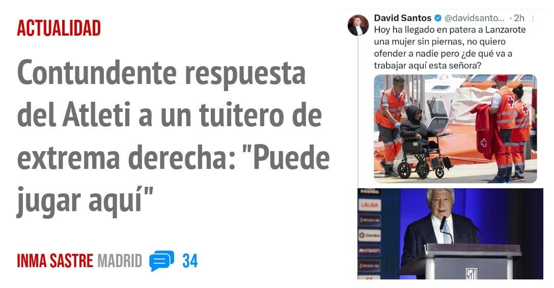 ACTUALIDAD. Contundente respuesta del Atleti a un tuitero de extrema derecha: "Puede jugar aquí"