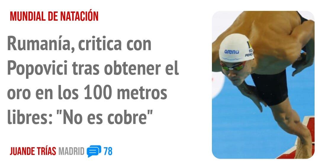 MUNDIAL DE NATACIÓN. Rumanía, critica con Popovici tras obtener el oro en los 100 metros libres: "No es cobre"