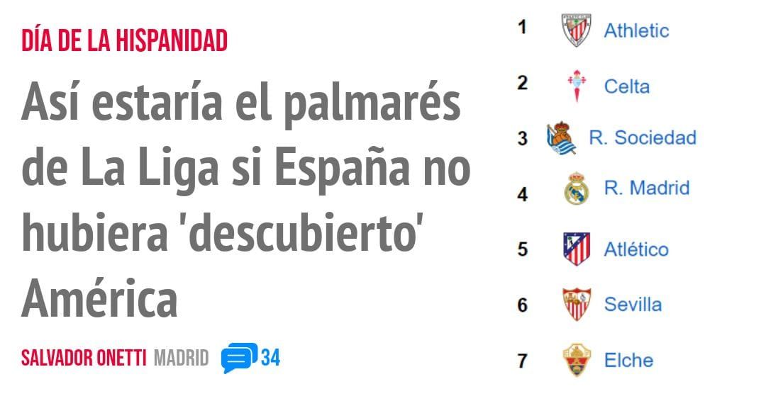DÍA DE LA HISPANIDAD. Así estaría el palmarés de La Liga si España no hubiera 'descubierto' América