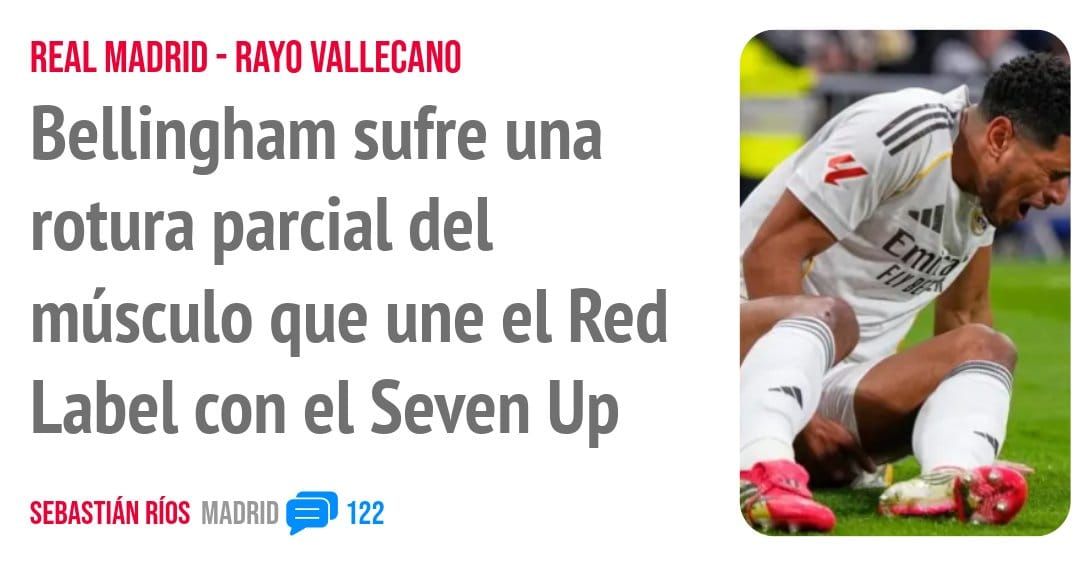 REAL MADRID - RAYO VALLECANO. Bellingham sufre una rotura parcial del músculo que une el Red Label con el Seven Up