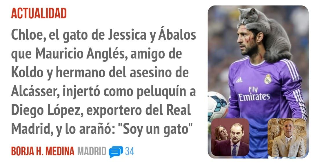 ACTUALIDAD. Chloe, el gato de Jessica y Ábalos que Mauricio Anglés, amigo de Koldo y hermano del asesino de Alcásser, injertó como peluquín a Diego López, exportero del Real Madrid, y 10 ara