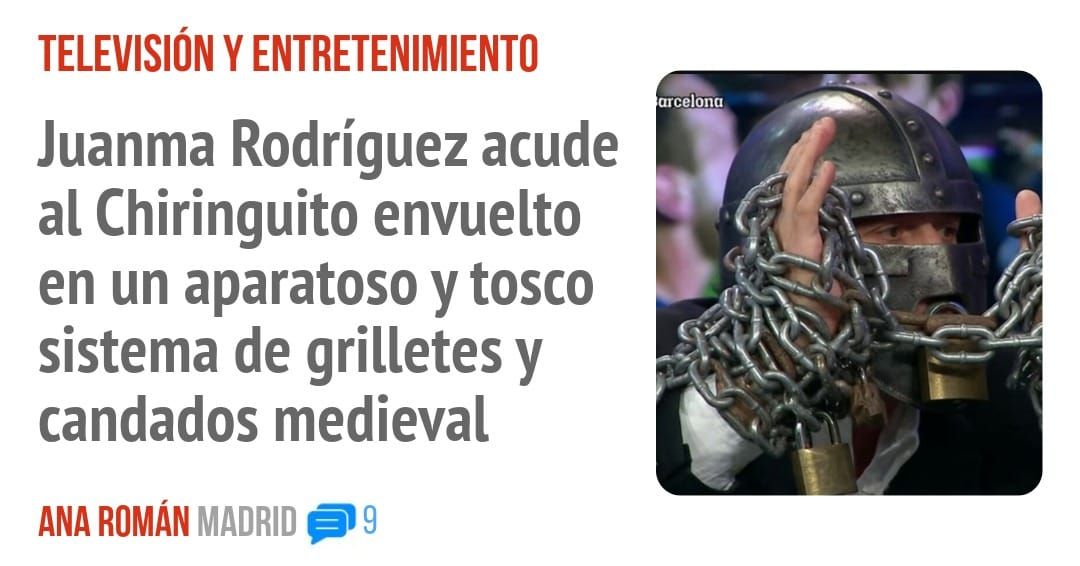 TELEVISIÓN Y ENTRETENIMIENTO. Juanma Rodríguez acude al Chiringuito envuelto en un aparatoso y tosco sistema de grilletes y candados medieval