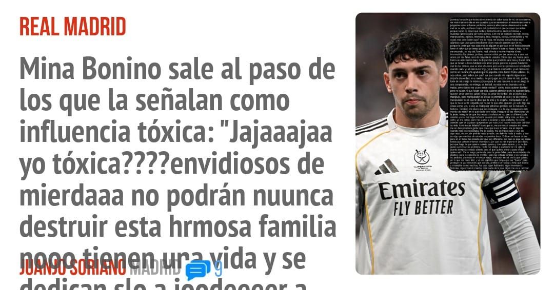 REAL MADRID. Mina Bonino sale al paso de los que la señalan como influencia tóxica: "Jajaaajaa yo tóxica????envidiosos de mierdaaa no podrán nuunca destruir esta hrmosa familia