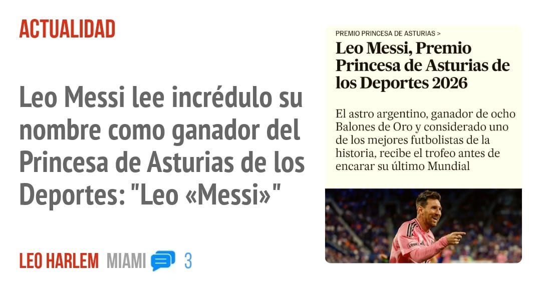 ACTUALIDAD. Leo Messi lee incrédulo su nombre como ganador del Princesa de Asturias de los Deportes: "Leo «Messi»"