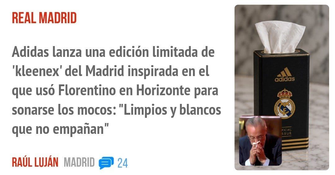 REAL MADRID. Adidas lanza una edición limitada de 'kleenex' del Madrid inspirada en el que usó Florentino en Horizonte para sonarse los mocos: "Limpios y blancos que no empañan"