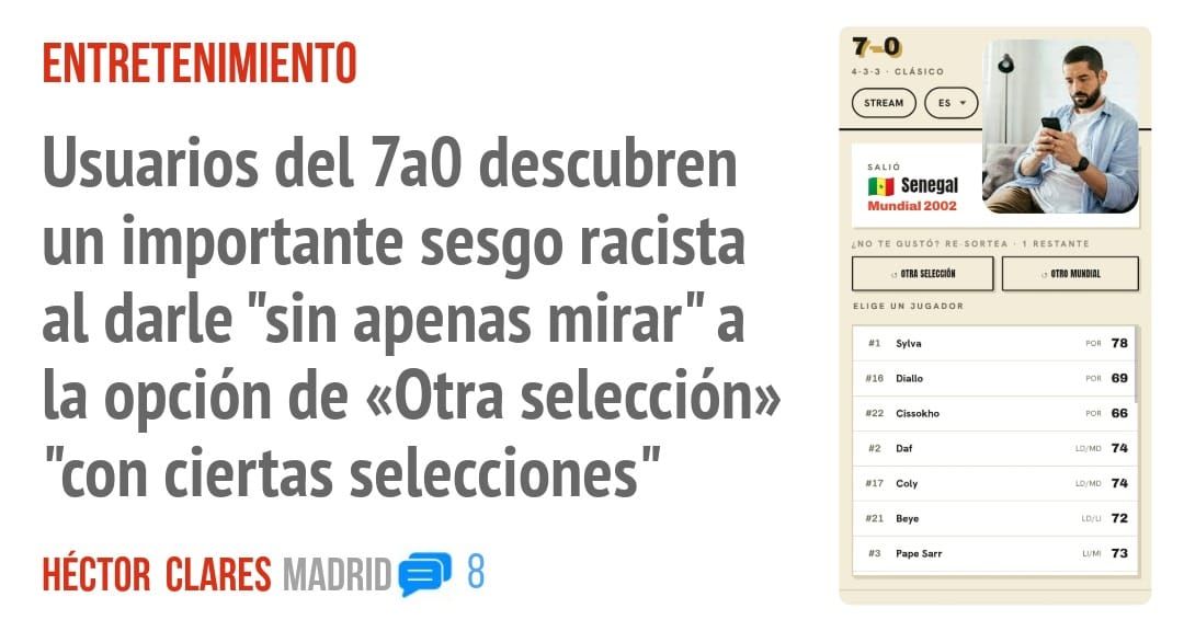 ENTRETENIMIENTO. Usuarios del 7a0 descubren un importante sesgo racista al darle "sin apenas mirar" a la opción de «Otra selección» "con ciertas selecciones"