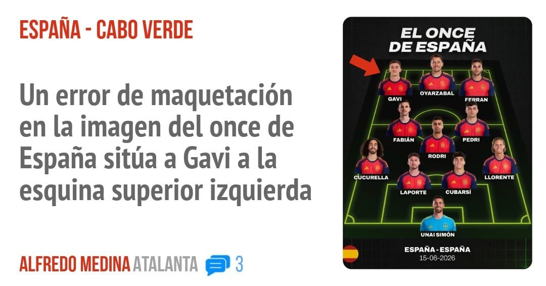ESPAÑA - CABO VERDE. Un error de maquetación en la imagen del once de España sitúa a Gavi a la esquina superior izquierda