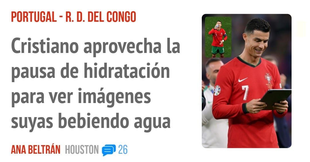 PORTUGAL - R. D. DEL CONGO. Cristiano aprovecha la pausa de hidratación para ver imágenes suyas bebiendo agua