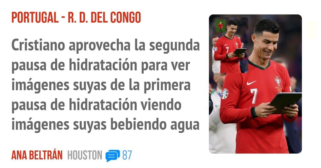 PORTUGAL - R. D. DEL CONGO. Cristiano aprovecha la segunda pausa de hidratación para ver imágenes suyas de la primera pausa de hidratación viendo imágenes suyas bebiendo agua