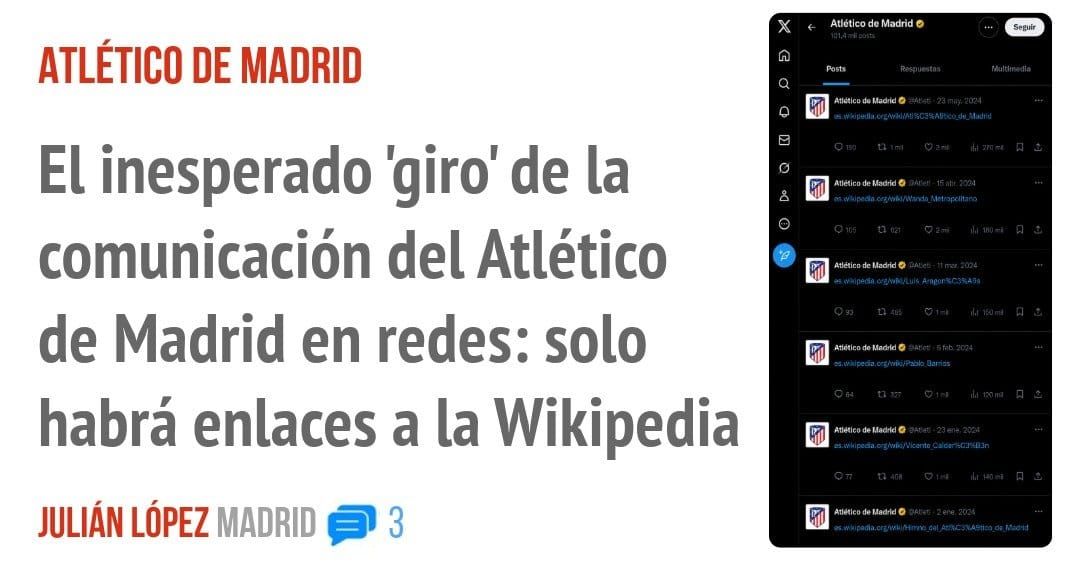 ATLÉTICO DE MADRID. El inesperado 'giro' de la comunicación del Atlético de Madrid en redes: solo habrá enlaces a la Wikipedia