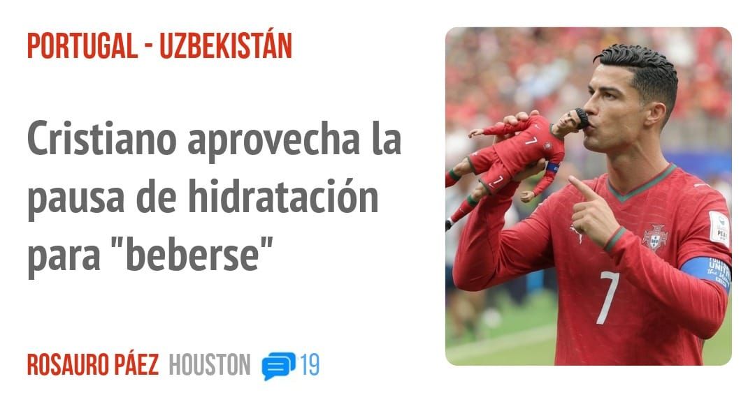 PORTUGAL - UZBEKISTÁN. Cristiano aprovecha la pausa de hidratación para "beberse"