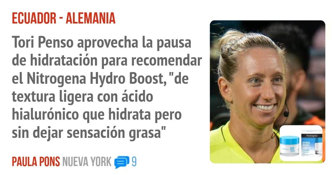 ECUADOR - ALEMANIA. Tori Penso aprovecha la pausa de hidratación para recomendar el Nitrogena Hydro Boost, "de textura ligera con ácido hialurónico que hidrata pero sin dejar sensación grasa