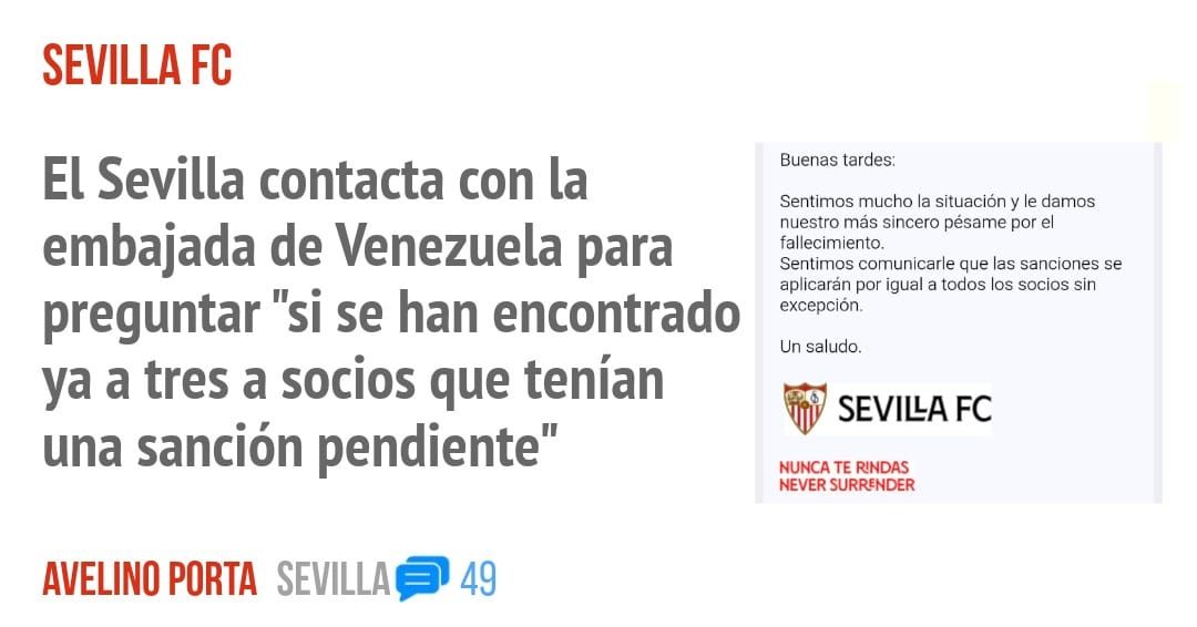 SEVILLA FC. El Sevilla contacta con la embajada de Venezuela para preguntar "si se han encontrado ya a tres a socios que tenían una sanción pendiente"