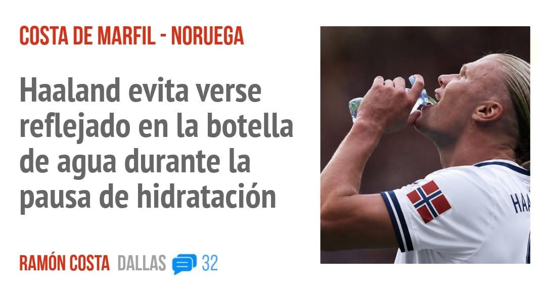 COSTA DE MARFIL - NORUEGA. Haaland evita verse reflejado en la botella de agua durante la pausa de hidratación