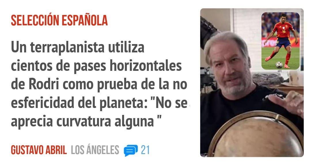 SELECCIÓN ESPAÑOLA. Un terraplanista utiliza cientos de pases horizontales de Rodri como prueba de la no esfericidad del planeta: "No se aprecia curvatura alguna "