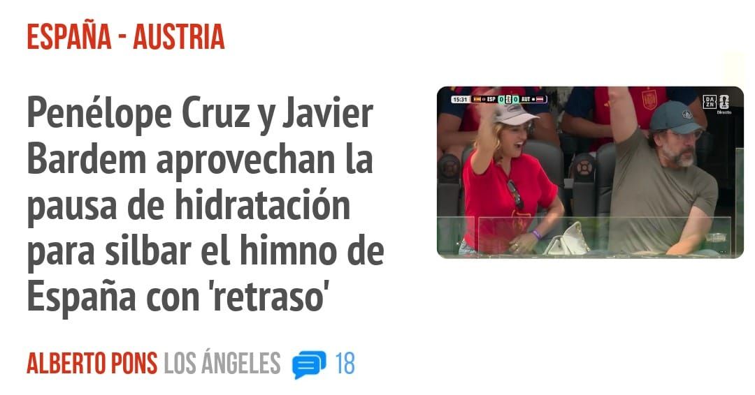ESPAÑA - AUSTRIA. Penélope Cruz y Javier Bardem aprovechan la pausa de hidratación para silbar el himno de España con 'retraso'