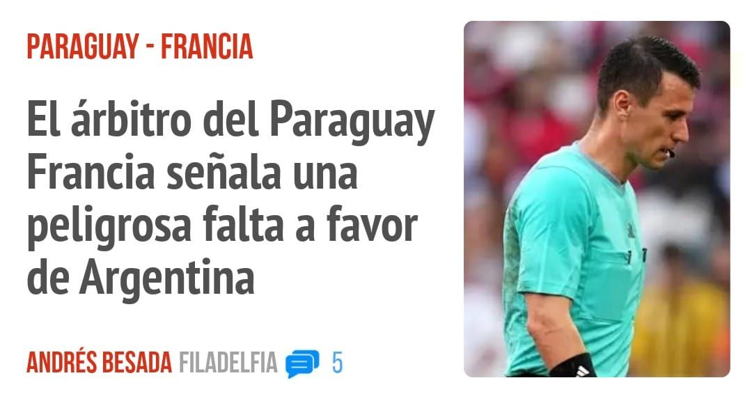 PARAGUAY - FRANCIA. El árbitro del Paraguay Francia señala una peligrosa falta a favor de Argentina