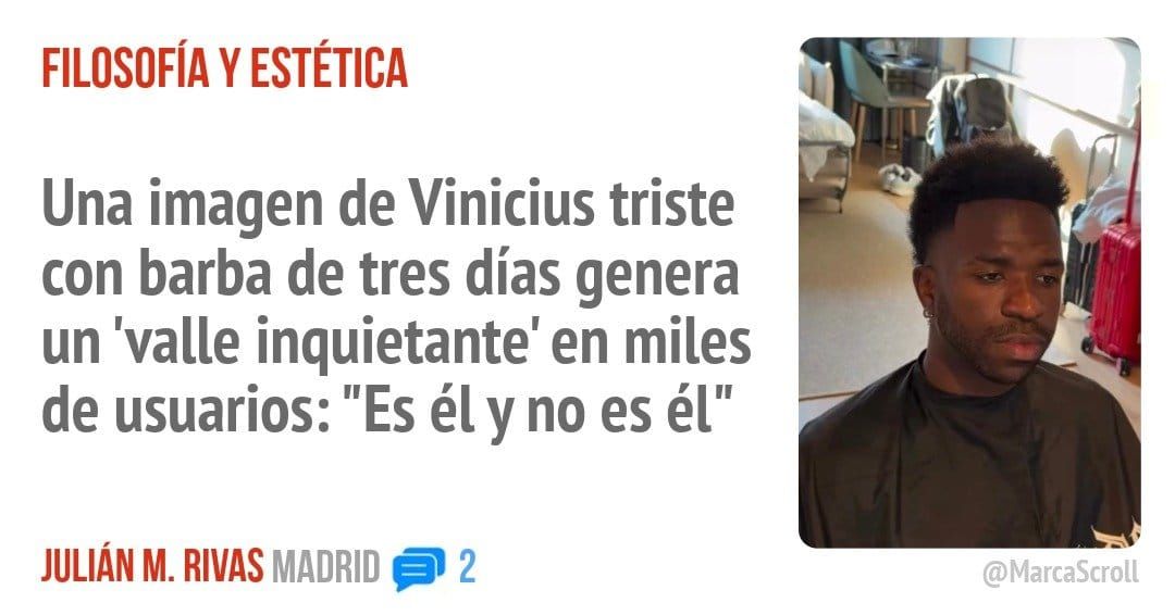 FILOSOFÍA Y ESTÉTICA. Una imagen de Vinicius triste con barba de tres días genera un 'valle inquietante' en miles de usuarios: "Es él y no es él"