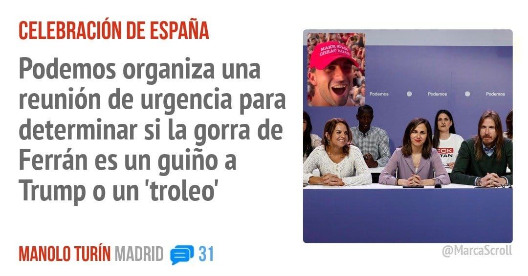 CELEBRACIÓN DE ESPAÑA. Podemos organiza una reunión de urgencia para determinar si la gorra de Ferrán es un guiño a Trump o un 'troleo'