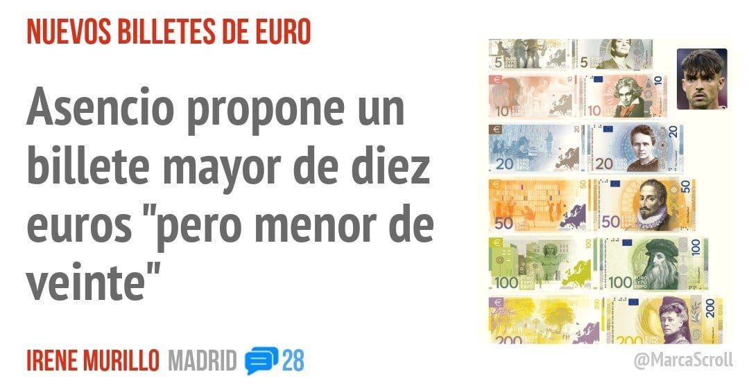NUEVOS BILLETES DE EURO. Asencio propone un billete mayor de diez euros "pero menor de veinte"