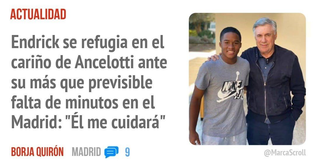 ACTUALIDAD. Endrick se refugia en el cariño de Ancelotti ante su más que previsible falta de minutos en el Madrid: "Él me cuidará"