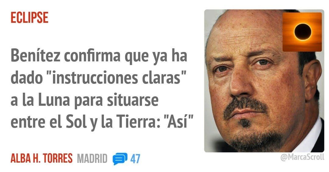 ECLIPSE. Benítez confirma que ya ha dado "instrucciones claras" a la Luna para situarse entre el Sol y la Tierra: "Así"