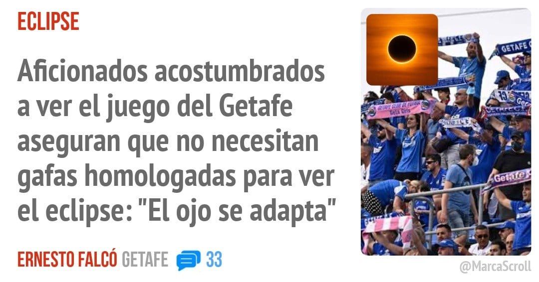 ECLIPSE. Aficionados acostumbrados a ver el juego del Getafe aseguran que no necesitan gafas homologadas para ver el eclipse: "El ojo se adapta"