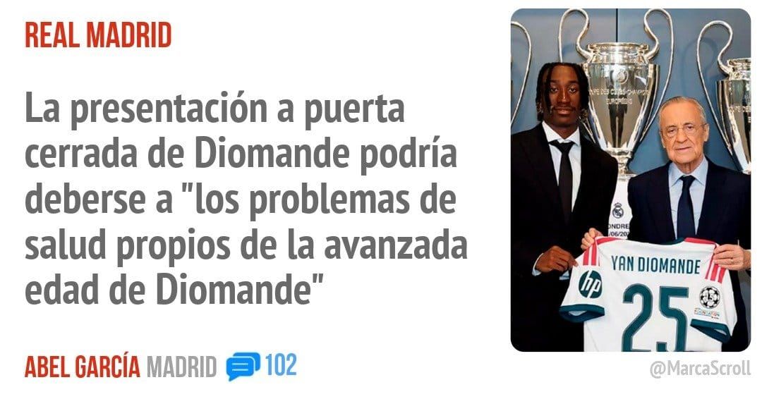 REAL MADRID. La presentación a puerta cerrada de Diomande podría deberse a "los problemas de salud propios de la avanzada edad de Diomande"