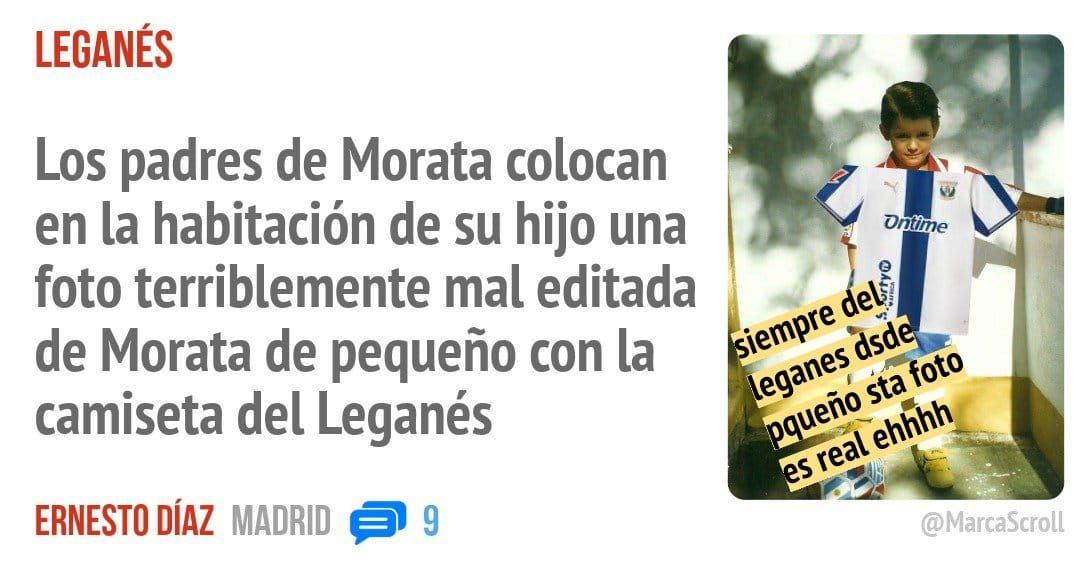 LEGANÉS. Los padres de Morata colocan en la habitación de su hijo una foto terriblemente mal editada de Morata de pequeño con la camiseta del Leganés