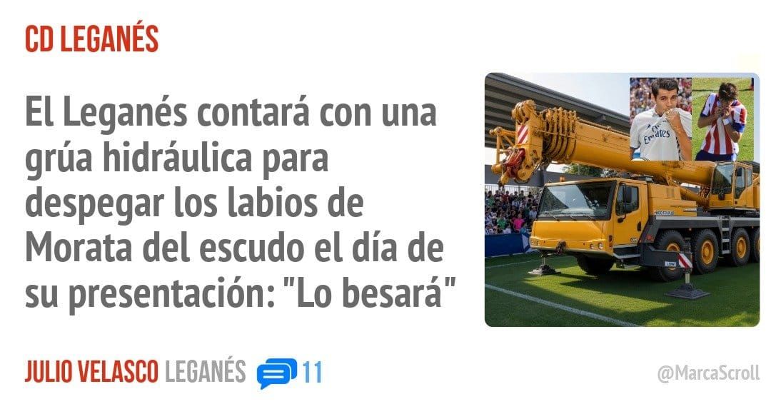 CD LEGANÉS. El Leganés contará con una grúa hidráulica para despegar los labios de Morata del escudo el día de su presentación: "Lo besará"