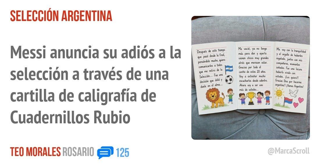 SELECCIÓN ARGENTINA. Messi anuncia su adiós a la selección a través de una cartilla de caligrafía de Cuadernillos Rubio