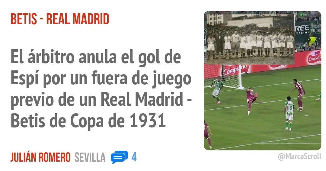 BETIS - REAL MADRID. El árbitro anula el gol de Espí por un fuera de juego previo de un Real Madrid - Betis de Copa de 1931