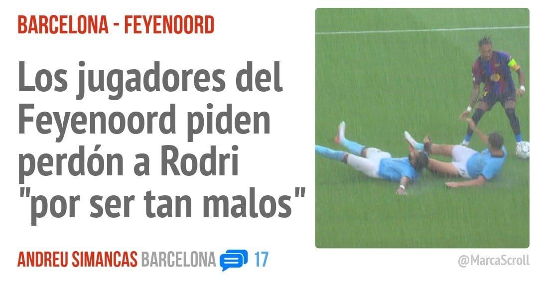 BARCELONA - FEYENOORD. Los jugadores del Feyenoord piden perdón a Rodri "por ser tan malos"