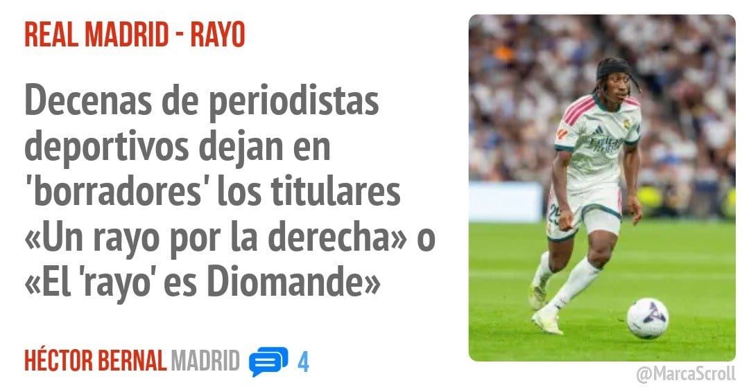 REAL MADRID - RAYO. Decenas de periodistas deportivos dejan en 'borradores' los titulares «Un rayo por la derecha» o «El 'rayo' es Diomande»