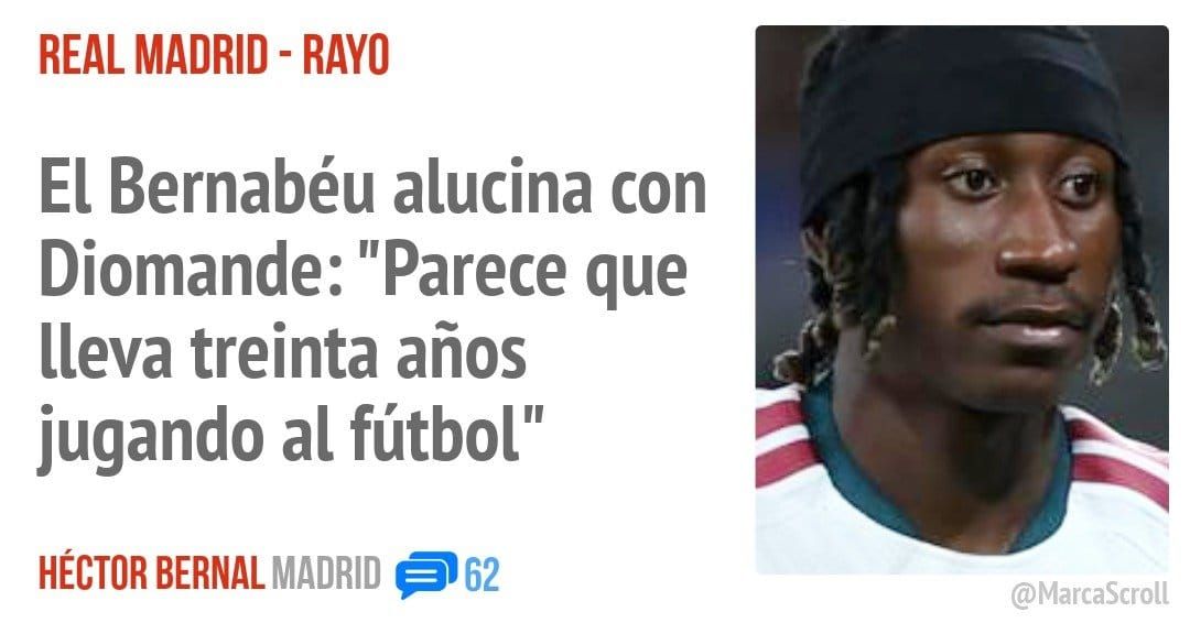 REAL MADRID - RAYO. El Bernabéu alucina con Diomande: "Parece que lleva treinta años jugando al fútbol"