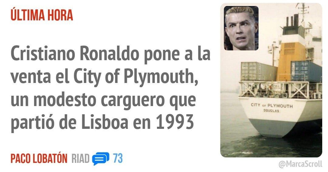 ÚLTIMA. Cristiano Ronaldo pone a la venta el City of Plymouth, un modesto carguero que partió de Lisboa en 1993