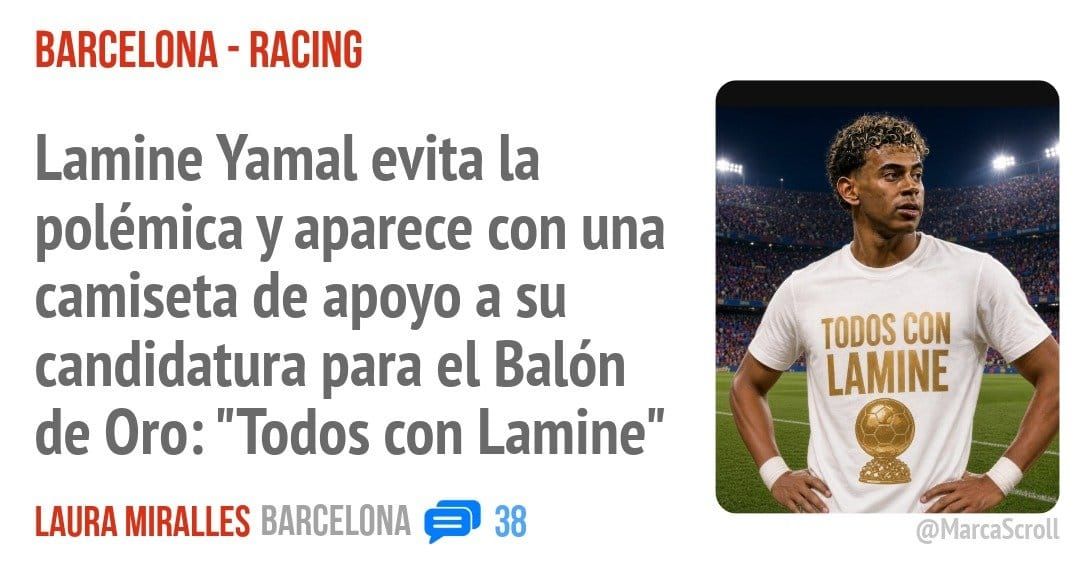 BARCELONA - RACING. Lamine Yamal evita la polémica y aparece con una camiseta de apoyo a su candidatura para el Balón de Oro: "Todos con Lamine"