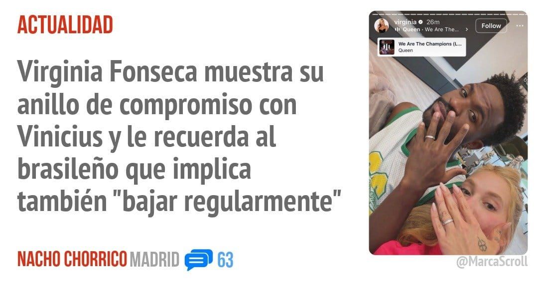 ACTUALIDAD. Virginia Fonseca muestra su anillo de compromiso con Vinicius y le recuerda al brasileño que implica también "bajar regularmente"