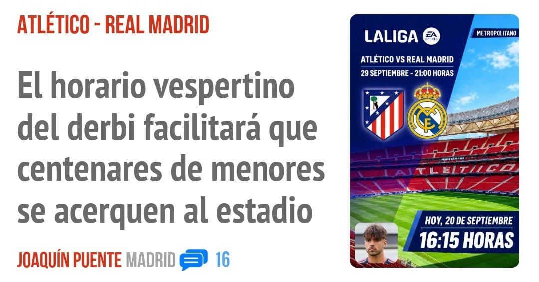 ATLÉTICO - REAL MADRID. El horario vespertino del derbi facilitará que centenares de menores se acerquen al estadio