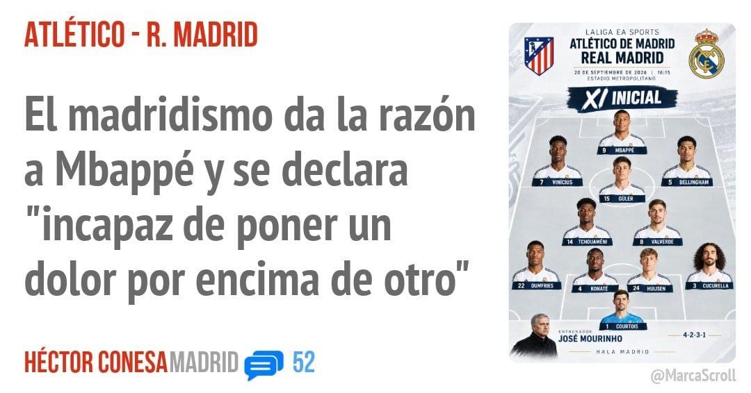 ATLÉTICO - R. MADRID. El madridismo da la razón a Mbappé y se declara "incapaz de poner un dolor por encima de otro"