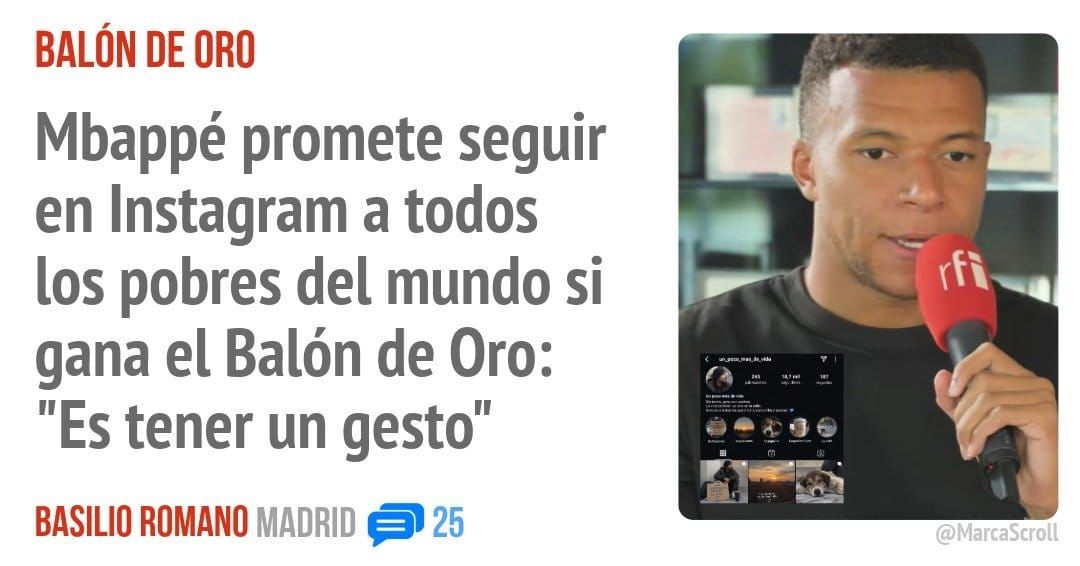 BALÓN DE ORO. Mbappé promete seguir en Instagram a todos los pobres del mundo si gana el Balón de Oro: "Es tener un gesto"