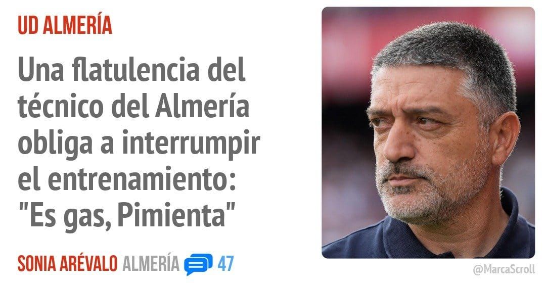 UD ALMERÍA. Una flatulencia del técnico del Almería obliga a interrumpir el entrenamiento: "Es gas, Pimienta"