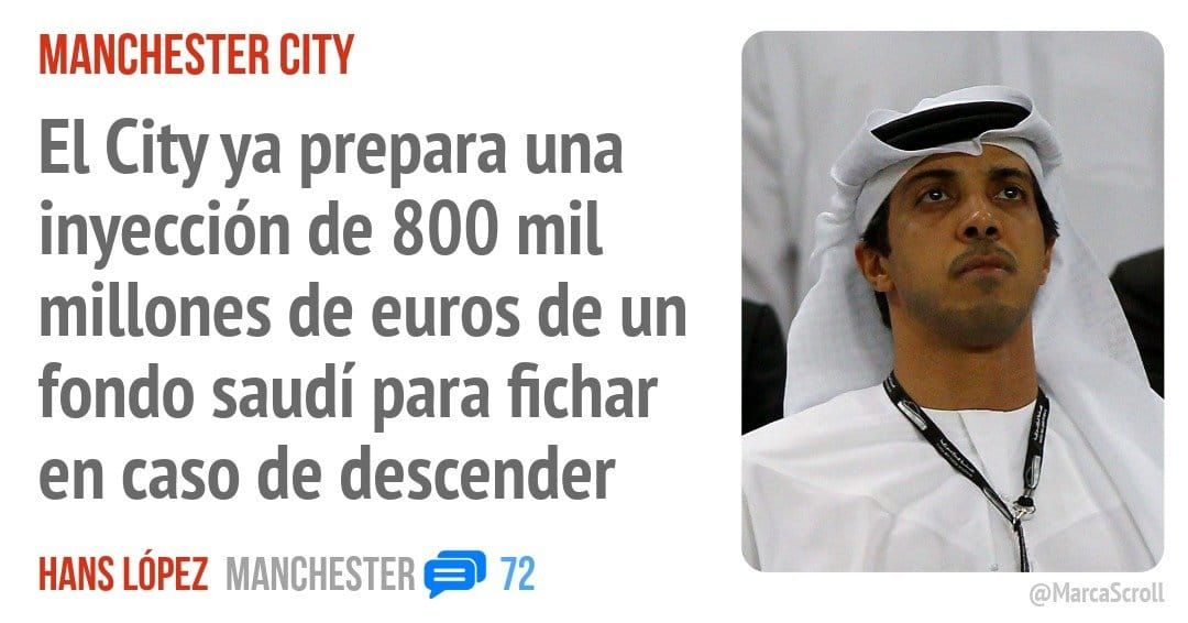 MANCHESTER CITY. El Cityya prepara una inyección de 800 mil millones de euros de un fondo saudí para fichar en caso de descender
