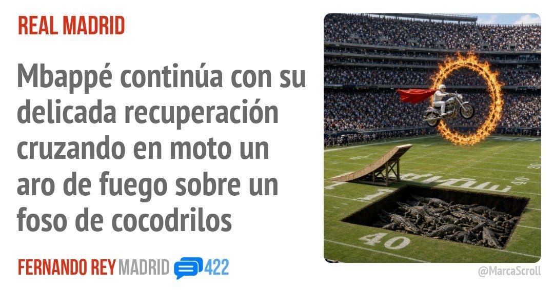 REAL MADRID. Mbappé continúa con su delicada recuperación cruzando en moto un aro de fuego sobre un foso de cocodrilos